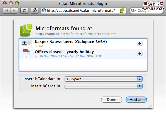 Safari Microformats Plugin (示意圖)