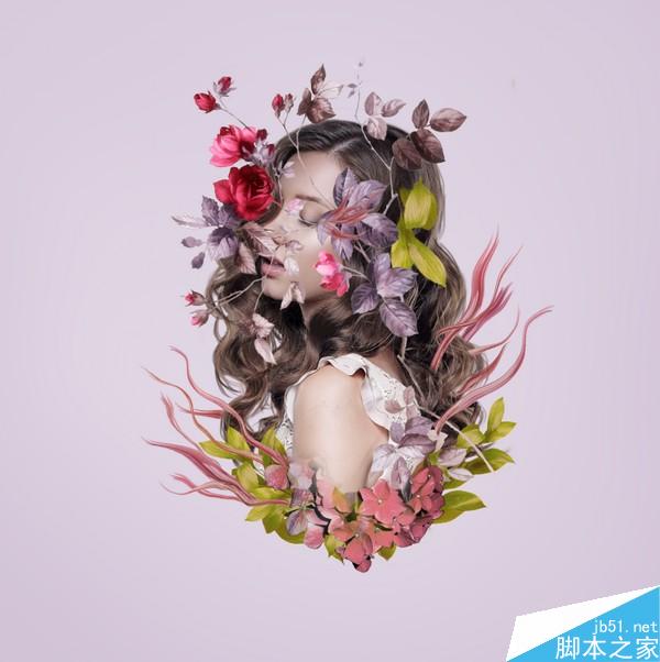 PS合成樹枝和花朵包圍的女人花香肖像