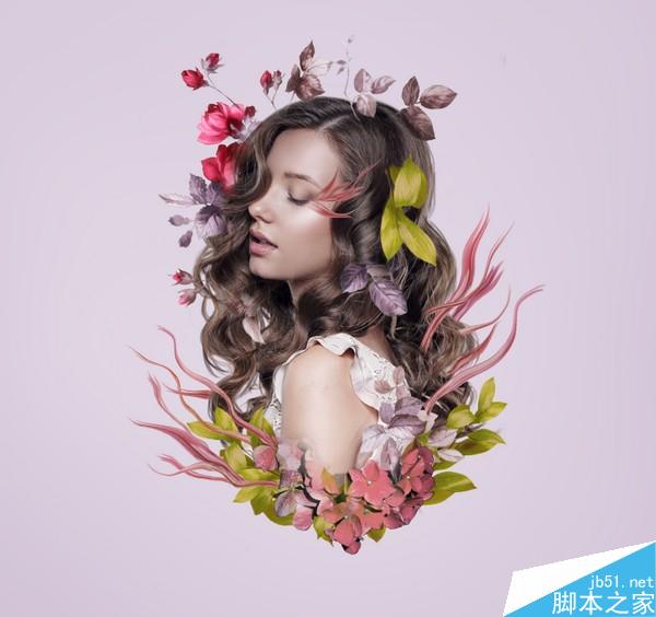 PS合成樹枝和花朵包圍的女人花香肖像
