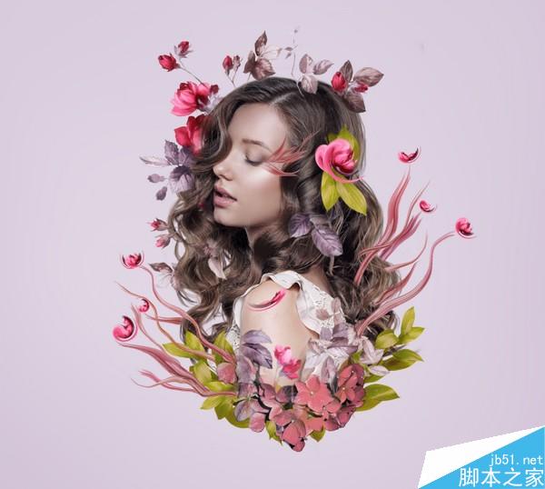 PS合成樹枝和花朵包圍的女人花香肖像