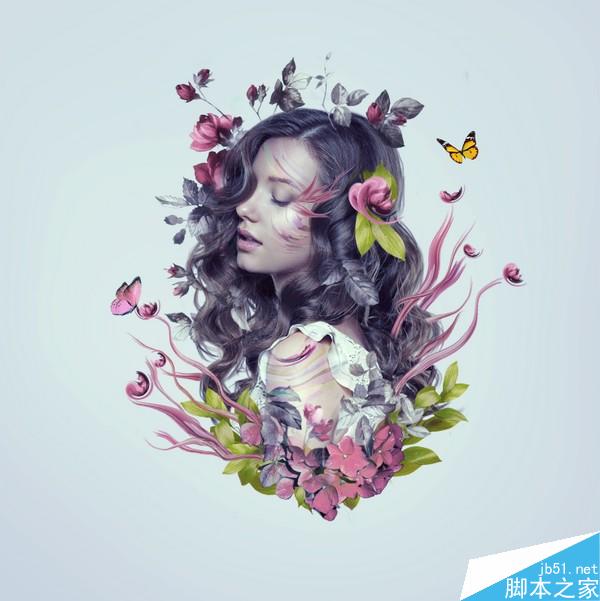 PS合成樹枝和花朵包圍的女人花香肖像