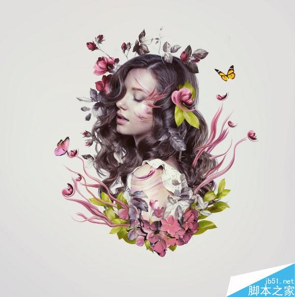 PS合成樹枝和花朵包圍的女人花香肖像