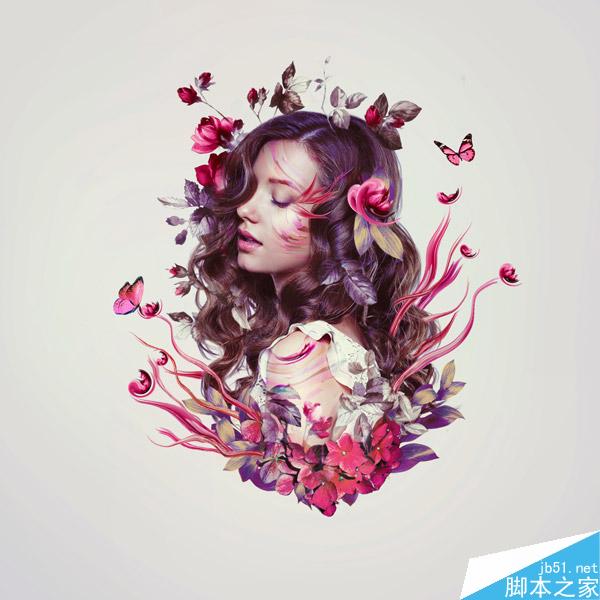 PS合成樹枝和花朵包圍的女人花香肖像