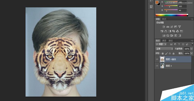 Photoshop將老虎頭像和人臉完美融合在一起的效果圖