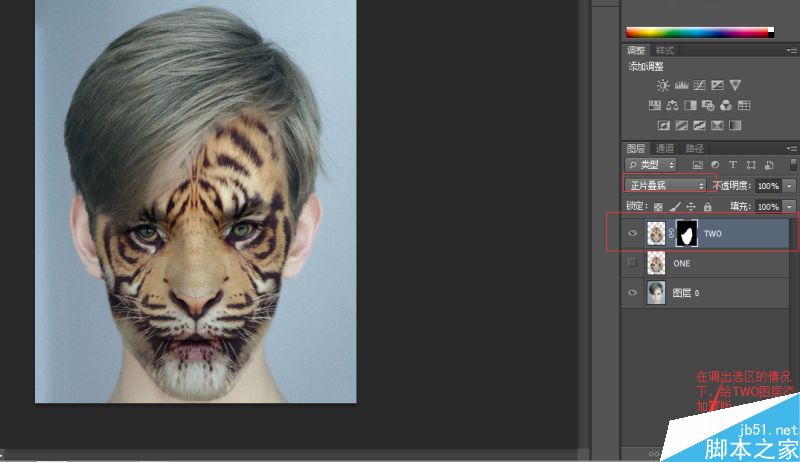 Photoshop將老虎頭像和人臉完美融合在一起的效果圖