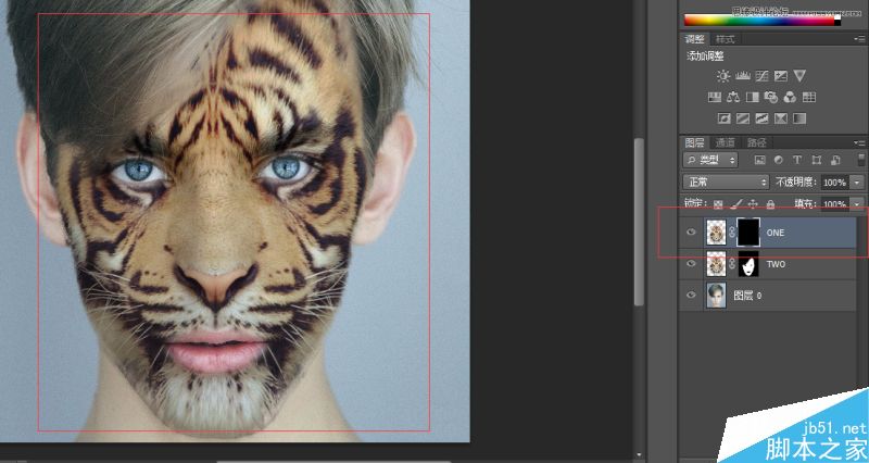 Photoshop將老虎頭像和人臉完美融合在一起的效果圖