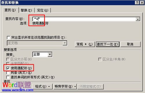 勾選“使用通配符”,在“查找內(nèi)容”框中填入“*”