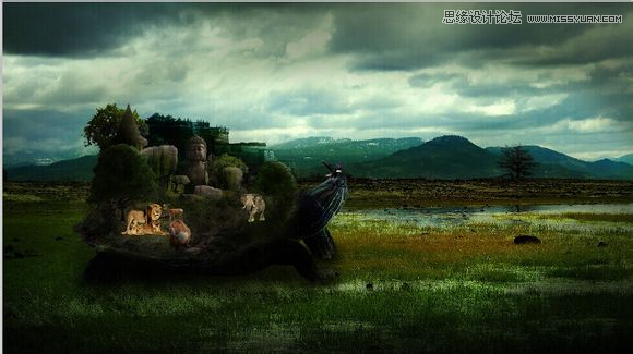 Photoshop合成乌龟拖着释迦摩尼假山效果图