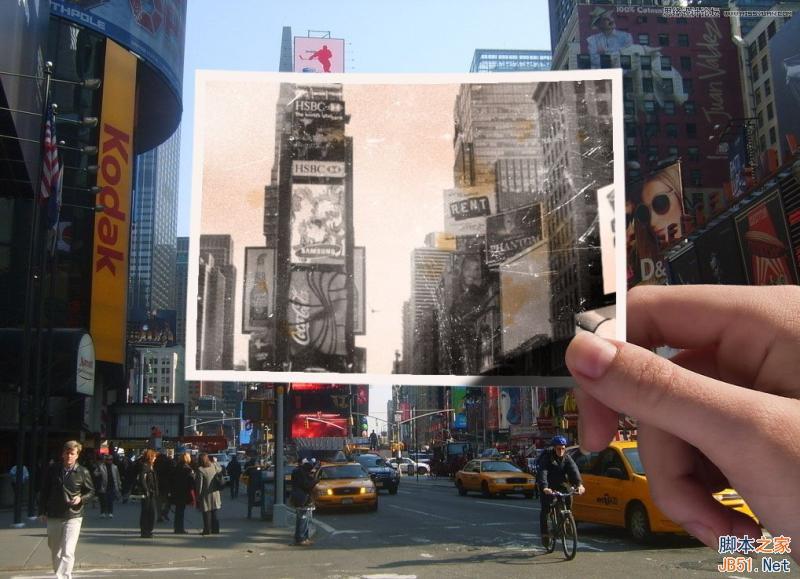 Photoshop創(chuàng)意合成手拿老照片舊地重游的圖片效果