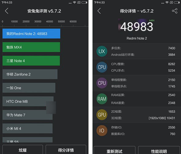 红米note2跑分多少红米note2安兔兔跑分成绩图解