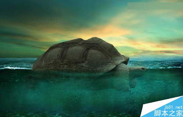 Photoshop合成海洋巨龜馱著島在水上漂浮的效果圖