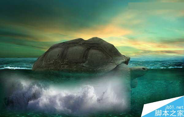 Photoshop合成海洋巨龜馱著島在水上漂浮的效果圖