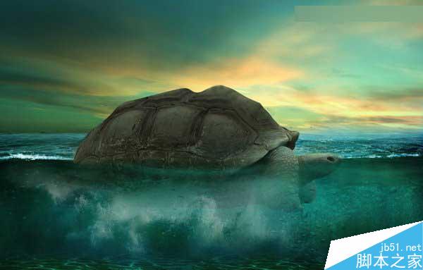 Photoshop合成海洋巨龜馱著島在水上漂浮的效果圖