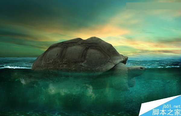 Photoshop合成海洋巨龜馱著島在水上漂浮的效果圖