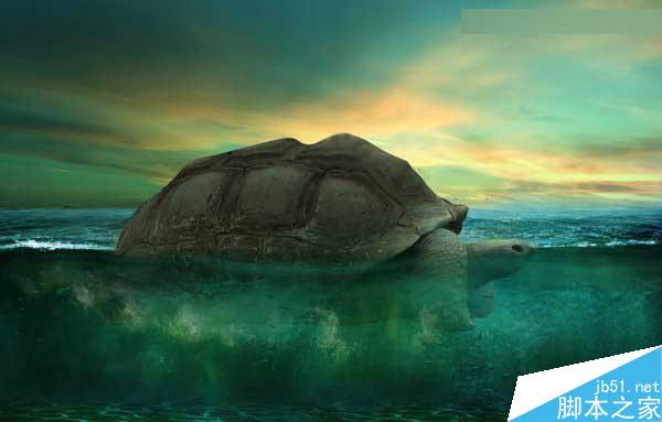Photoshop合成海洋巨龜馱著島在水上漂浮的效果圖