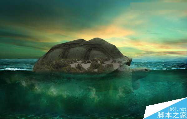 Photoshop合成海洋巨龜馱著島在水上漂浮的效果圖