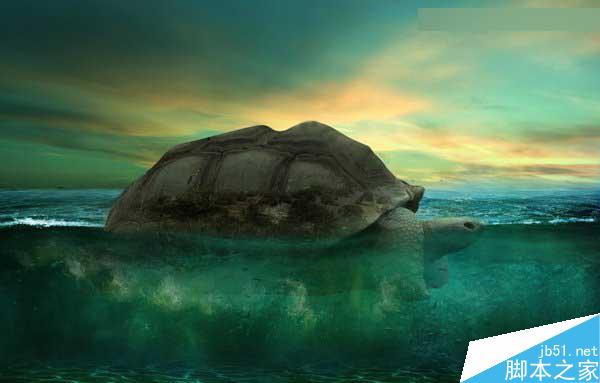 Photoshop合成海洋巨龜馱著島在水上漂浮的效果圖