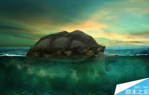 Photoshop合成海洋巨龜馱著島在水上漂浮的效果圖