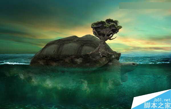 Photoshop合成海洋巨龜馱著島在水上漂浮的效果圖