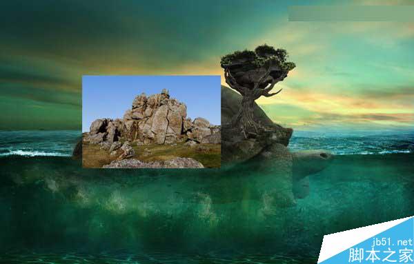 Photoshop合成海洋巨龜馱著島在水上漂浮的效果圖