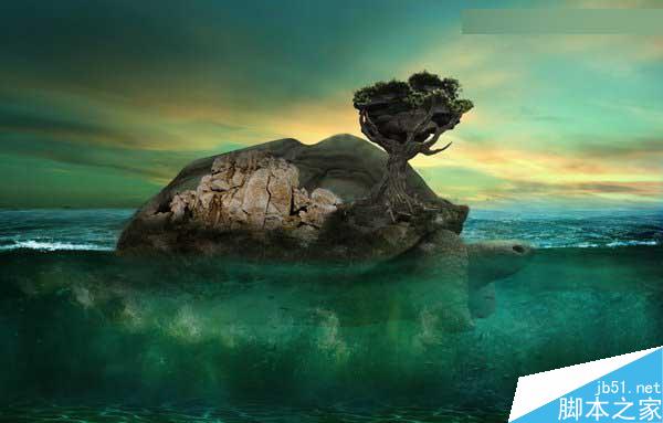 Photoshop合成海洋巨龜馱著島在水上漂浮的效果圖
