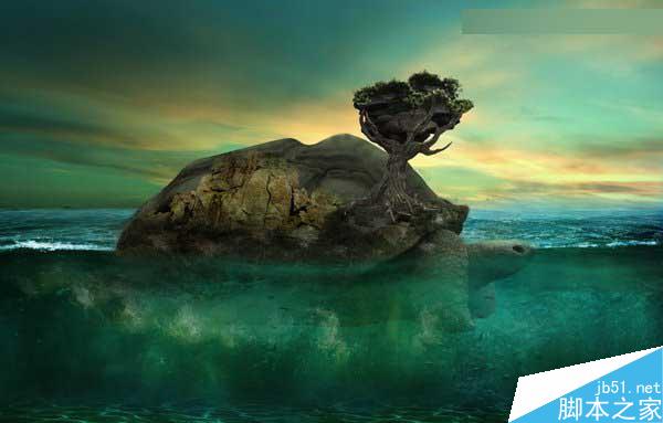 Photoshop合成海洋巨龜馱著島在水上漂浮的效果圖