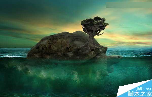 Photoshop合成海洋巨龜馱著島在水上漂浮的效果圖