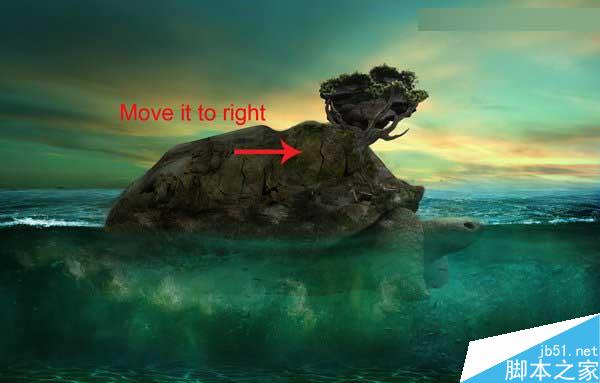 Photoshop合成海洋巨龜馱著島在水上漂浮的效果圖