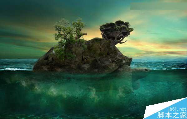 Photoshop合成海洋巨龜馱著島在水上漂浮的效果圖
