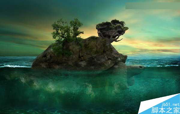 Photoshop合成海洋巨龜馱著島在水上漂浮的效果圖