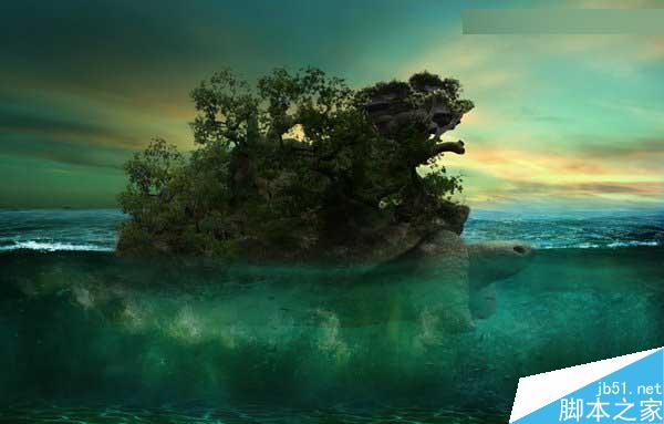 Photoshop合成海洋巨龜馱著島在水上漂浮的效果圖