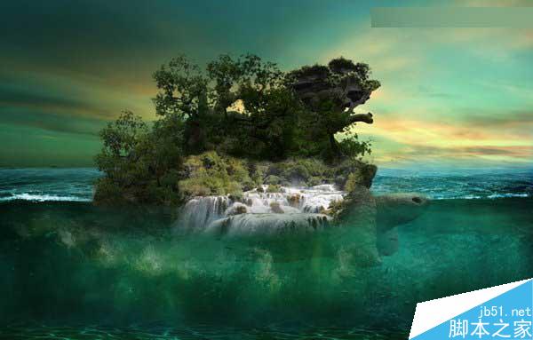 Photoshop合成海洋巨龜馱著島在水上漂浮的效果圖