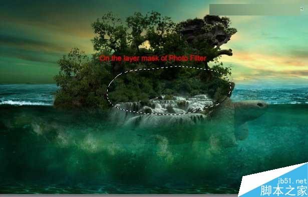 Photoshop合成海洋巨龜馱著島在水上漂浮的效果圖