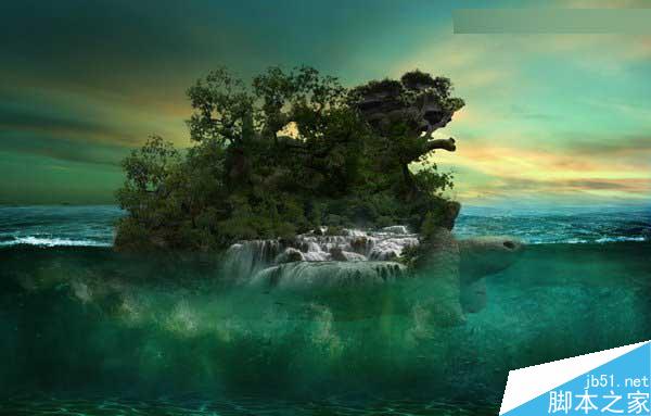 Photoshop合成海洋巨龜馱著島在水上漂浮的效果圖