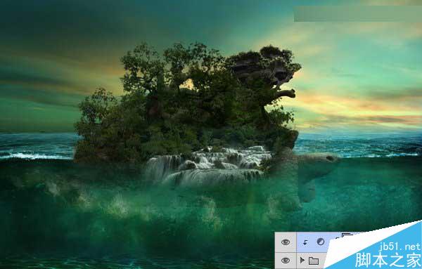 Photoshop合成海洋巨龜馱著島在水上漂浮的效果圖