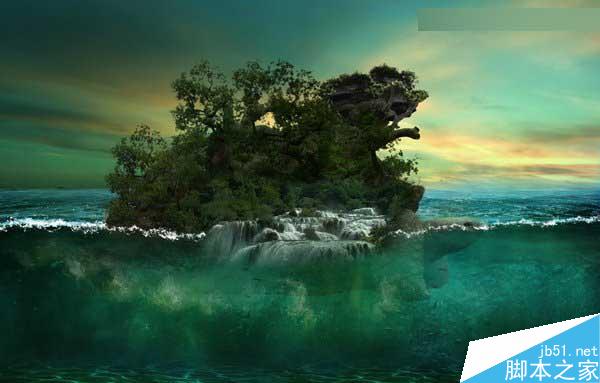 Photoshop合成海洋巨龜馱著島在水上漂浮的效果圖