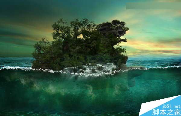 Photoshop合成海洋巨龜馱著島在水上漂浮的效果圖