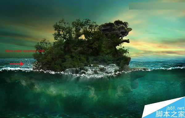 Photoshop合成海洋巨龜馱著島在水上漂浮的效果圖