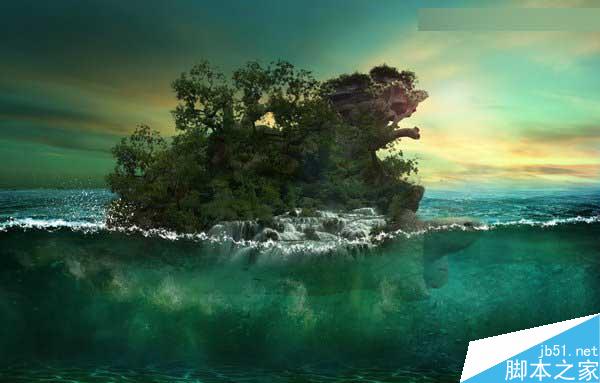Photoshop合成海洋巨龜馱著島在水上漂浮的效果圖