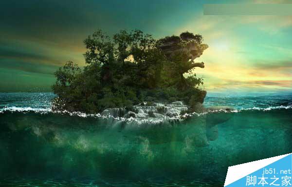 Photoshop合成海洋巨龜馱著島在水上漂浮的效果圖
