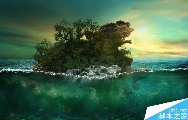 Photoshop合成海洋巨龜馱著島在水上漂浮的效果圖