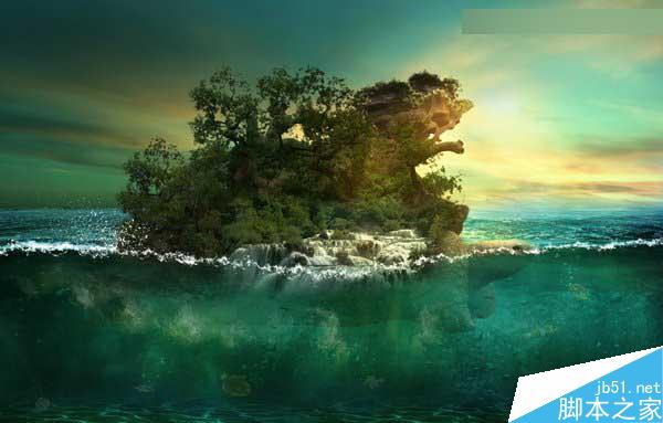 Photoshop合成海洋巨龜馱著島在水上漂浮的效果圖