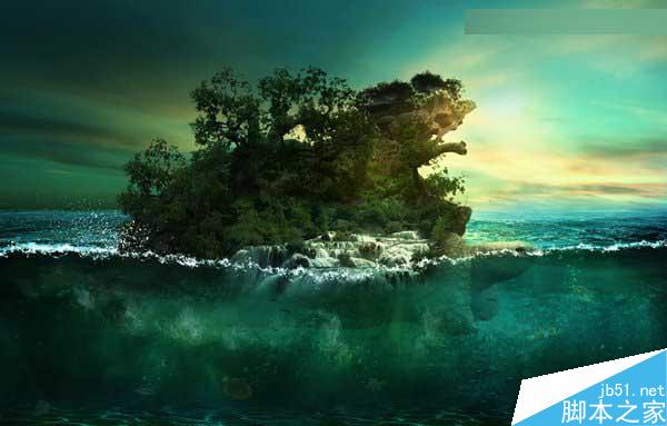 Photoshop合成海洋巨龜馱著島在水上漂浮的效果圖