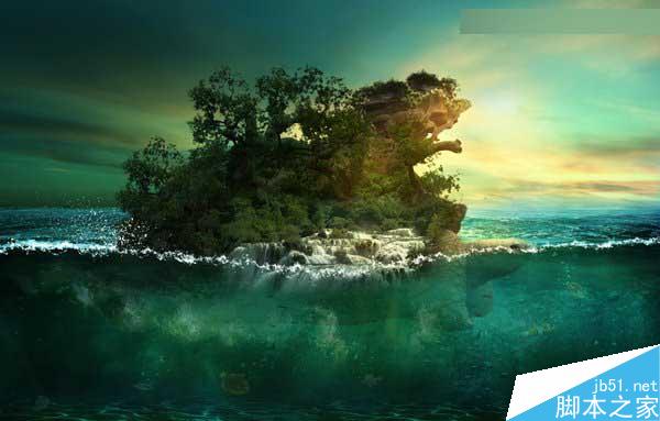 Photoshop合成海洋巨龜馱著島在水上漂浮的效果圖