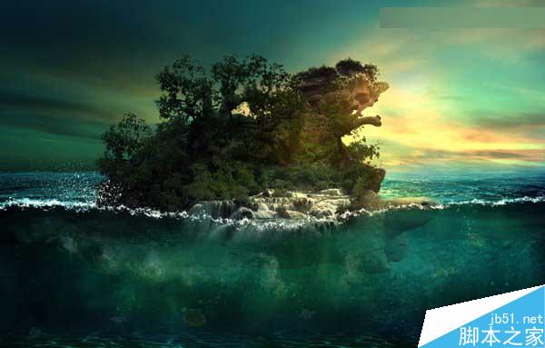 Photoshop合成海洋巨龜馱著島在水上漂浮的效果圖