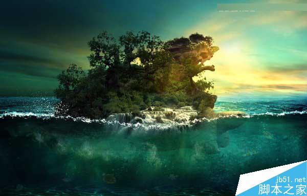 Photoshop合成海洋巨龜馱著島在水上漂浮的效果圖