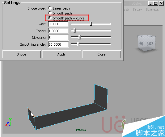 MAYA Polygons建模Edit Mesh命令集詳解解釋 腳本之家 MAYA建模教程16-Bridge-Smooth-path-+-curve.gif