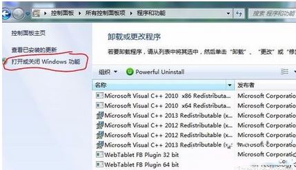 点击“打开或关闭 Windows 功能”