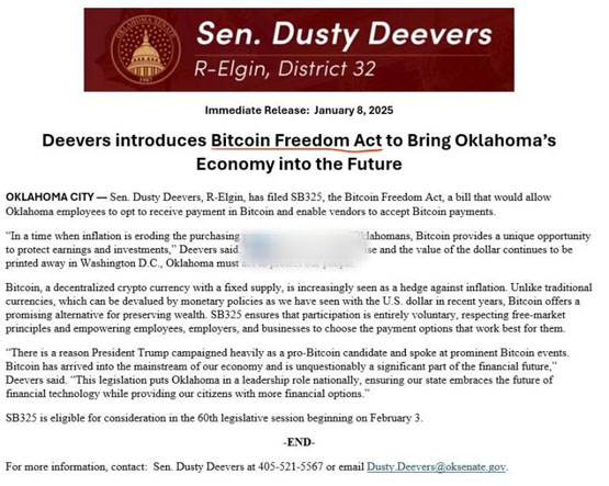 美國俄克拉何馬州參議員提《比特幣自由法案》：將BTC帶入工資與日常支付