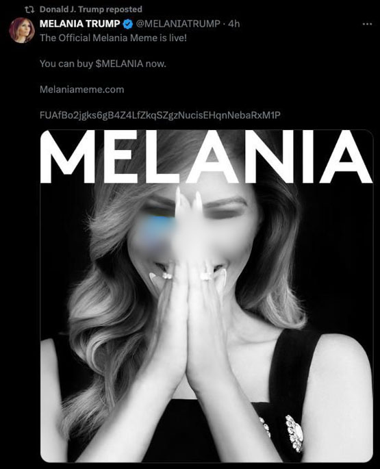 特朗普夫人梅拉尼婭也發(fā)Meme幣MELANIA！漲超34倍突破18美元